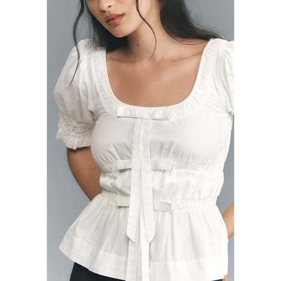 DAMSON MADDER NWT Bianca Ruffle Bow Blouse White Puff Sleeve 4 S - Picture 4 of 9